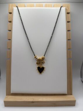 Elizabeth Cole Gold & Black Heart & Charm Pendant Necklace on Rhinestone